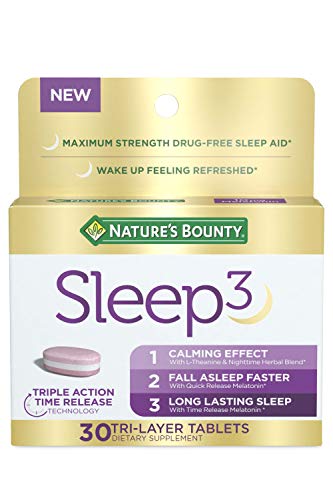 Nature's Bounty Melatonin, Sleep3 Maximum Strength 100% Drug Free Sleep Aid, Dietary Supplement, L-Theanine & Nighttime Herbal Blend Time Release Technology, 10mg, 30 Tri-Layered Tablets