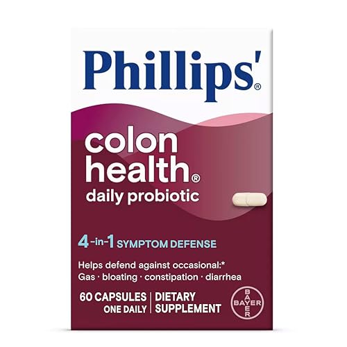 Phillips' Colon Health Daily Probiotic Capsules, 4-in-1 Symptom Defense to help defend against Occasional Gas, Bloating, Constipation, and Diarrhea, Daily Supplement, 60 Count