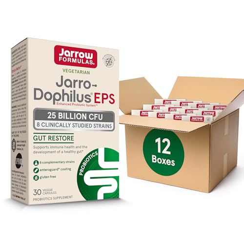 Jarrow Formulas Jarro-Dophilus EPS Gut Restore Probiotics 25 Billion CFU With 8 Clinically-Studied Strains, Dietary Supplement for Intestinal and Immune Support, 30 Veggie Capsules, 30 Day Supply