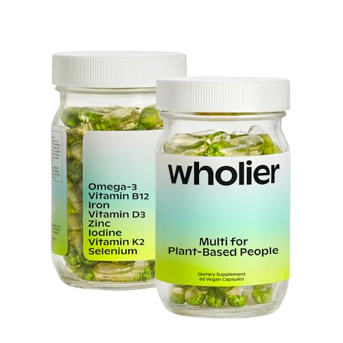 wholier Plant Based Multivitamin Vegan Omega-3 DHA EPA, Vitamin D, Vitamin B12, Zinc, Vitamin K2, Iron, Iodine, Selenium. 60 Count (30-Day Supply) Glass Bottle