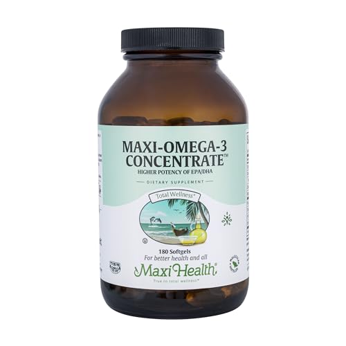 Maxi Health Omega-3 Fatty Acids Concentrate - Fish Oil - 2000mg - 180 Gel Capsules - Kosher