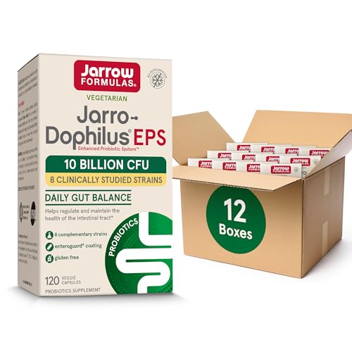 Jarrow Formulas Jarro-Dophilus EPS Probiotics 10 Billion CFU, Dietary Supplement for Intestinal Tract Support, Gut Health Supplements for Women and Men, 120 Veggie Capsules, 60 Day Supply,Pack of 12