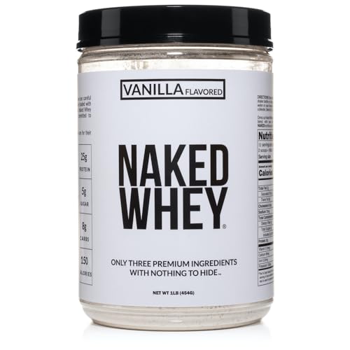 NAKED nutrition Vanilla Whey Protein 1Lb, Only 3 Ingredients, All Natural Grass Fed Whey Protein Powder + Vanilla + Coconut Sugar- Gmo-Free, Soy Free, Gluten Free. Aid Muscle Growth, 12 Servings