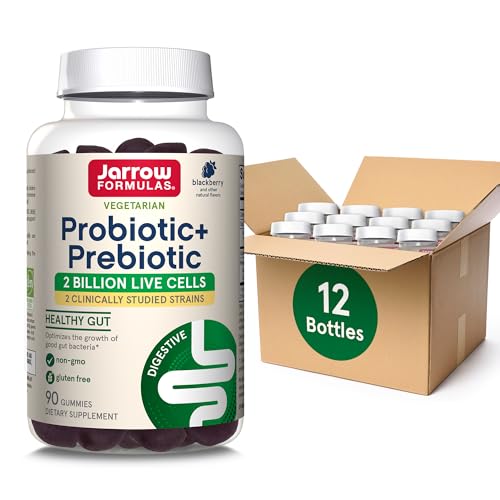 Jarrow Formulas Probiotic+ Prebiotic 2 Billion Live Cells Supplement, Digestive Health and Immune Support, 90 BlackBerry Flavor Probiotic+ Prebiotic Gummies, 45 Day Supply, Pack of 12