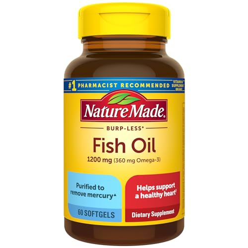 Nature Made Burp Less Fish Oil 1200 mg, Fish Oil Supplements, Omega 3 Fish Oil for Healthy Heart Support, Omega 3 Supplement with 60 Softgels, 30 Day Supply