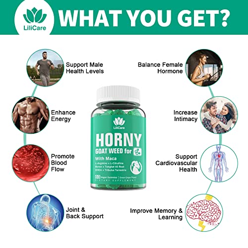 (2 Packs) Horny Goat Weed Gummies with Maca for Men & Women - Natural Energy Booster, Extra Strength with L-Arginine & L-Citrulline, DHEA, Boron, Tongkat Ali, Tribulus Terrestris - Green Grape Flavor