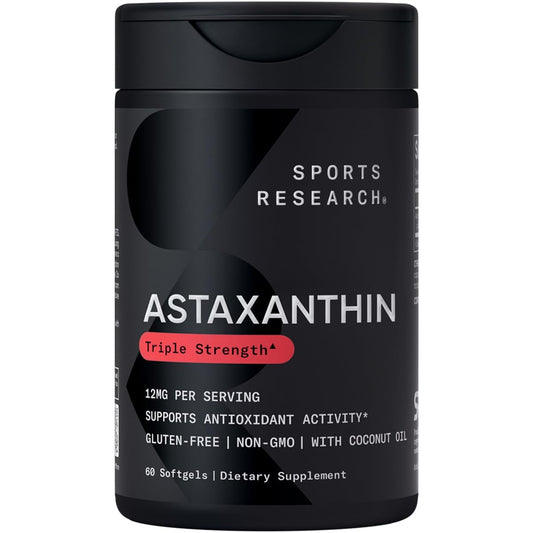 Sports Research Triple Strength Astaxanthin 12mg with Organic Coconut Oil - Antioxidant Supplement, Non-GMO Verified & Gluten Free - 60 Softgels