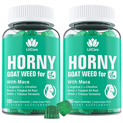 (2 Packs) Horny Goat Weed Gummies with Maca for Men & Women - Natural Energy Booster, Extra Strength with L-Arginine & L-Citrulline, DHEA, Boron, Tongkat Ali, Tribulus Terrestris - Green Grape Flavor