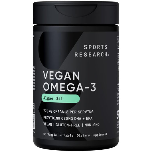 Sports Research Vegan Omega-3 Fish Oil from Algae Oil - High Levels DHA & EPA Fatty Acids | Non-GMO & Vegan Certified - 60 Softgels (Carrageenan Free)