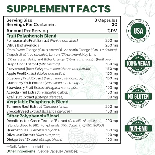 2250 MG Polyphenols Supplement Over 20 Fruits, Vegetables & Polyphenols, Quercetin, Resveratrol, Turmeric, Green Tea, Powerful Antioxidants, Polyphenols for Age Defense, Immune System, 90 Capsules