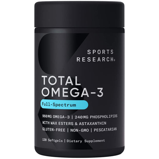 Sports Research Total Omega-3 Fish Oil from Wild Sockeye Salmon, Alaska Pollock, Antarctic Krill, Astaxanthin + Phospholipids & Wax Esters for Absorption | 960mg of EPA & DHA (120 Softgels)