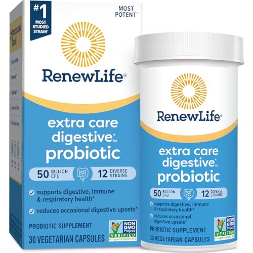 Renew Life Extra Care Digestive Probiotic Capsules, 50 Billion CFU Guaranteed, Daily Supplement Supports Immune, Digestive, Respiratory Health(1), L. Rhamnosus GG, Dairy, Soy and Gluten-Free, 30 Count