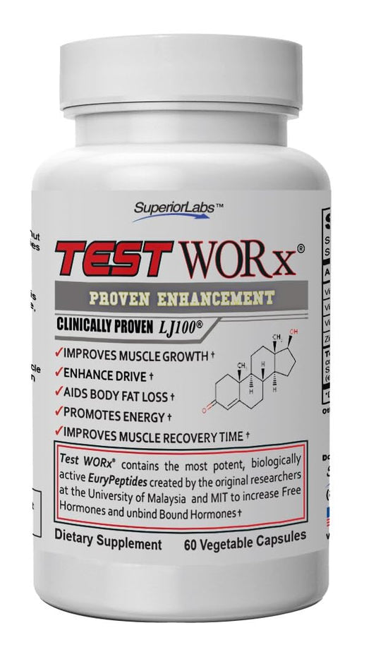 Superior Labs - TEST WORx Natural Testosterone Booster Supplement - Clinically Proven LJ100 and 8 Other Powerful Ingredients for Drive, Stamina, Endurance & Strength