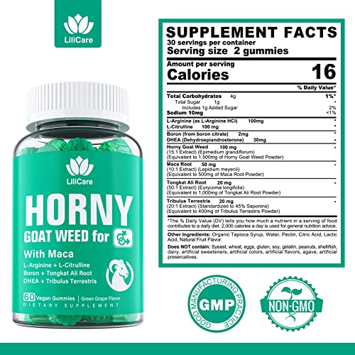 (2 Packs) Horny Goat Weed Gummies with Maca for Men & Women - Natural Energy Booster, Extra Strength with L-Arginine & L-Citrulline, DHEA, Boron, Tongkat Ali, Tribulus Terrestris - Green Grape Flavor