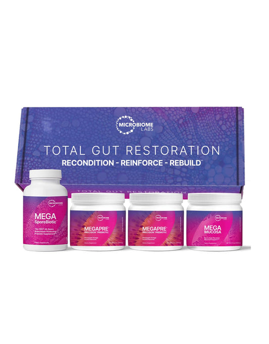 Microbiome Labs Total Gut Restoration Kit (Powder) - 3-Product Gut Health Spore Based Probiotic, Prebiotic Powder & Mucosal Immunoglobulin + Amino Acids Supplement for Immune, GI & Digestive Health