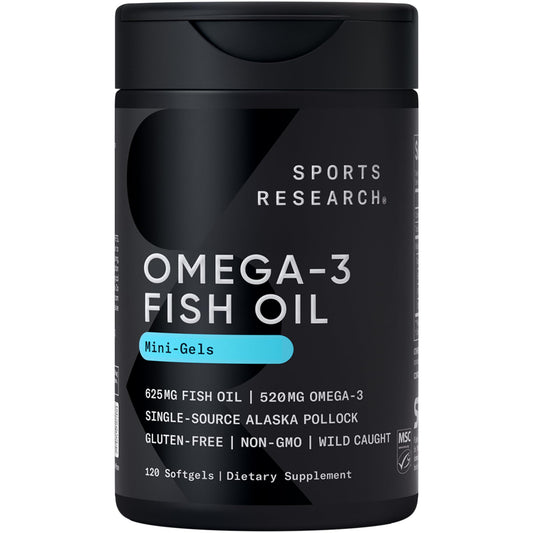 Sports Research Fish Oil Mini-Softgels - Easy to Swallow Omega-3 Fatty Acids from Wild Caught Alaska Pollock Supporting Brain & Heart Health - 625mg, 120 Capsules