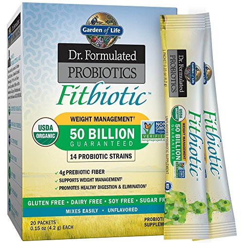 Garden of Life Dr. Formulated Probiotics Fitbiotic Weight Management Powder 50 Billion CFU & Fiber, Organic & Non-GMO Digestive Gut Health Supplement, 3 Oz, Pack of 20