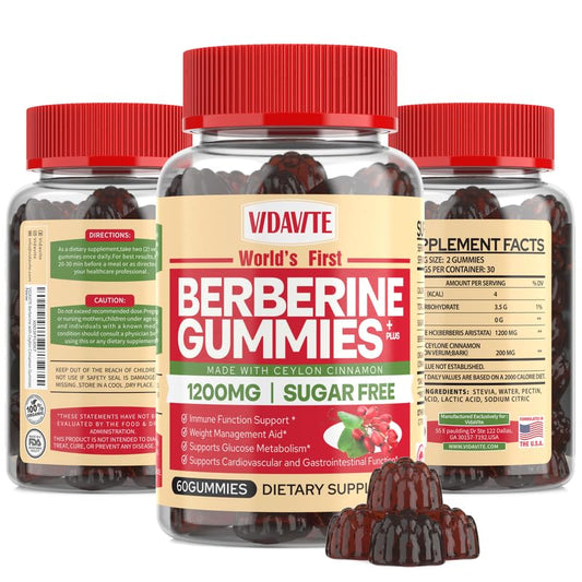 VIDAVITE Berberine with Ceylon Cinnamon Gummies — Sugar-free, 98% Pure & 10x Absorption — 1200mg Organic Berberine Supplement for Weight Loss, Immunity, Cardiac, Metabolic & Digestive Health (30 Days)