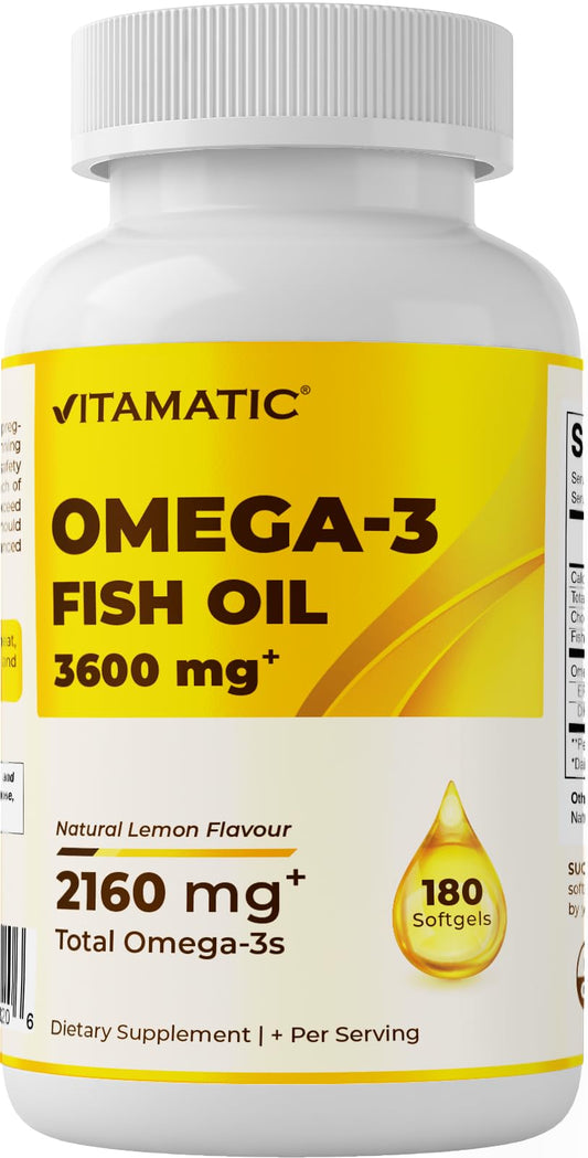 Vitamatic Triple Strength Omega 3 Fish Oil 3600mg Per Serving, 2160mg Omega 3 Fatty Acids, 1296mg EPA + 864mg DHA, Burpless Lemon Flavor, 180 Softgels