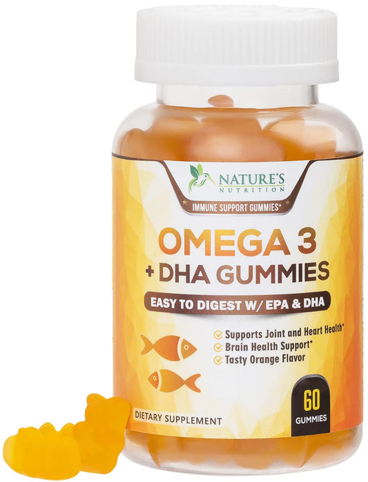 Omega 3 Fish Oil Gummies, Heart Healthy Omega 3 Gummy Supplement with High Absorption DHA & EPA, Extra Strength Joint & Brain Support, Omega 3 Fish Oil Nature's Vitamin, Orange Flavor - 60 Gummies