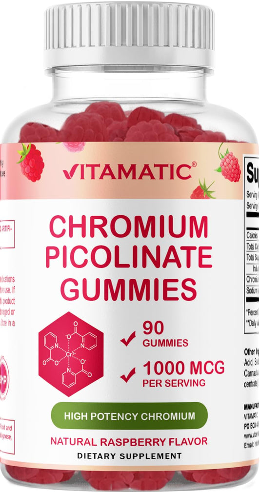 Vitamatic Chromium Picolinate 1000 mcg - 90 Gummies - High Potency Chromium - Raspberry Flavor