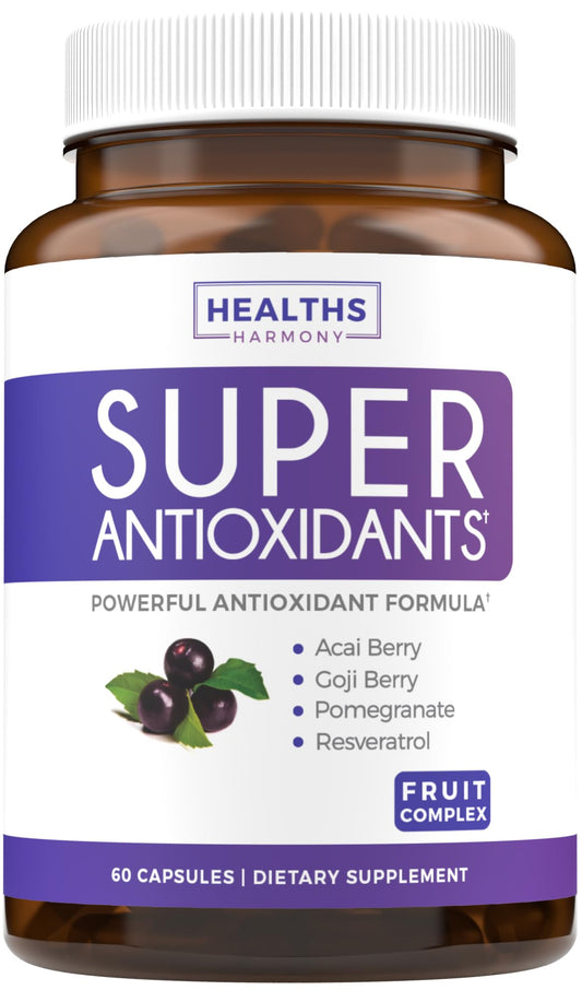 Super Antioxidants Supplement - Powerful Super Food Antioxidant Daily Blend - Acai Berry, Goji, Pomegranate & Trans Resveratrol - Herbal and Fruit Formula For Women and Men - Skin Care - 60 Capsules