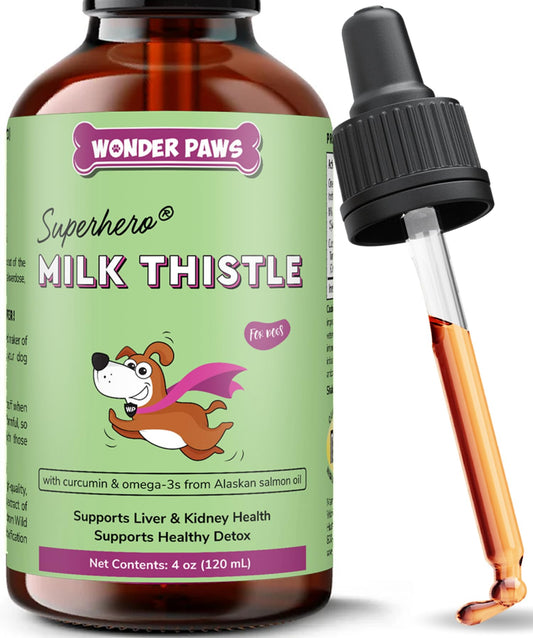 Wonder Paws Milk Thistle, Liver Support for Dogs, Supports Kidney Function for Pets, Detox, Hepatic Support, with Wild Alaskan Salmon Oil & Curcumin, Omega 3 EPA & DHA (4 Oz)