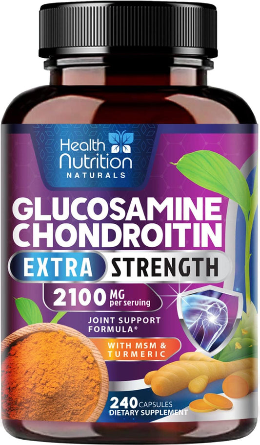 Glucosamine Chondroitin Supplements MSM Complex - Joint Support with Turmeric, Boswellia, Quercetin for Joints, Back, Hands, Bones, Knees & Mobility, Triple Strength Glucosamine Sulfate - 240 Capsules