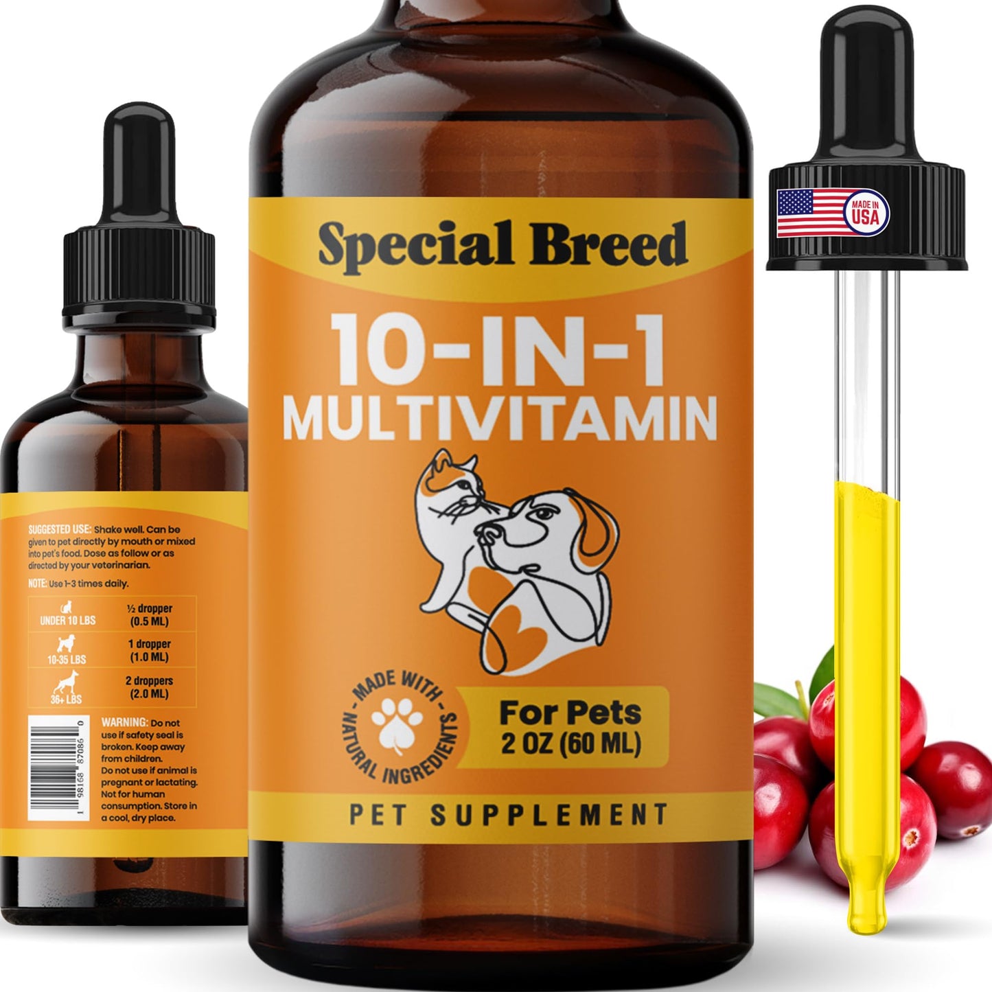 10-in-1 Liquid Multivitamin for Dogs and Cats, 2 Ounce Multi Vitamin Supplement, Vitamin for Dogs, Vitamins for Cats, with Glucosamine & Cranberry, 2 oz