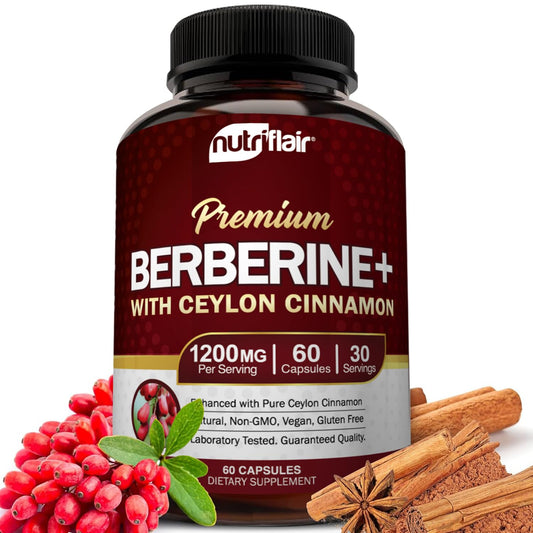 NutriFlair Premium Berberine HCL 1200mg, 60 Capsules - Plus Pure True Ceylon Cinnamon, Berberine HCI Root Supplements Pills - Immune System, Healthy Weight Management & Digestive Health