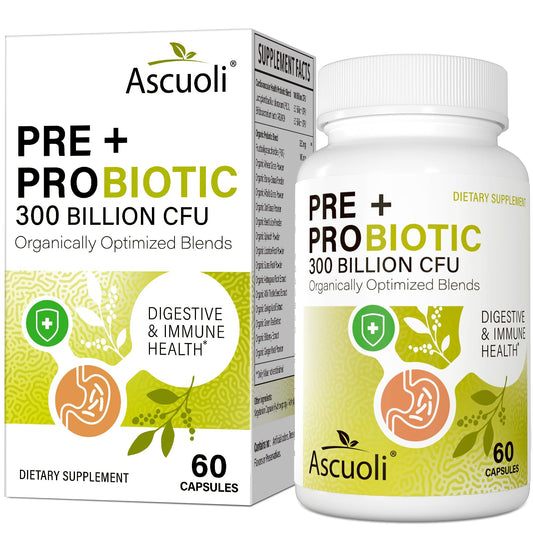 Ascuoli Probiotics for Women & Men - 300 Billion CFU, 22 Strains Probiotics + 15 Organic Herbs Blend, Daily Probiotics for Digestive Health, Immune, Gut, Bloating - 60 Capsule