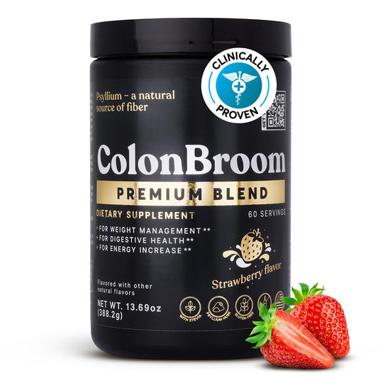 ColonBroom Premium Weight Management Supplement (Strawberry) - Colon Broom Psyllium Husk Fiber Powder Drink - Gluten Free, Non-GMO Colon Cleanse for Bloating Relief & Gut Health, 60 Servings