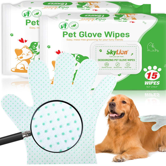 30 Count Dog Wipes Plant Oil Grooming Gloves Enhanced Cleaning Deodorizing Bath Wipes Waterless Cat Shampoo Pets Wipes for Paws, Butt, Face and Fur