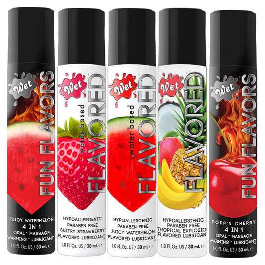 Wet 5-Piece Water-Based Flavored Lube Sampler Pack for Men, Women & Couples, 1 Fl Oz - Long-Lasting Premium Personal Lubricant Safe to Use with Latex Condoms - Gluten Free & Sugar Free