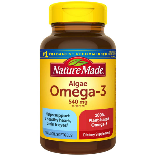 Nature Made Algae 540 mg Omega 3 Supplement, Alternative to Omega 3 Fish Oil Supplements, 70 Veggie Softgels, Sustainable, Plant-Based, for Healthy Heart, Brain, and Eye Support