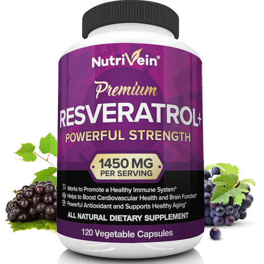 Nutrivein Resveratrol 1450mg - Antioxidant Supplement 120 Capsules – Supports Healthy Aging & Promotes Immune, Brain Boost & Joint Support - Made with Trans-Resveratrol, Green Tea Leaf, Acai Berry