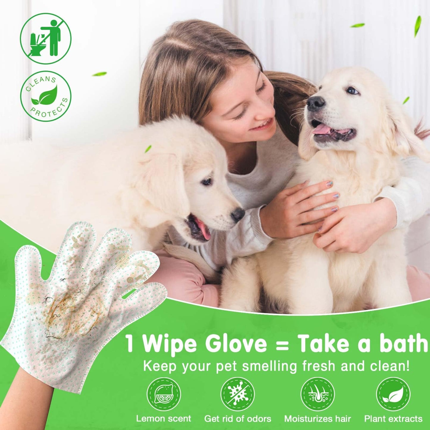 30 Count Dog Wipes Plant Oil Grooming Gloves Enhanced Cleaning Deodorizing Bath Wipes Waterless Cat Shampoo Pets Wipes for Paws, Butt, Face and Fur