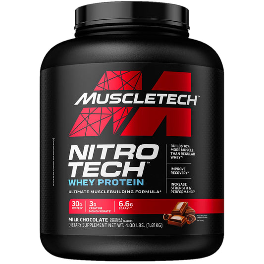 Muscletech Whey Protein Powder (Milk Chocolate, 4 Pound) - Nitro-Tech Muscle Building Formula with Whey Protein Isolate & Peptides - 30g of Protein, 3g of Creatine & 6.6g of BCAA