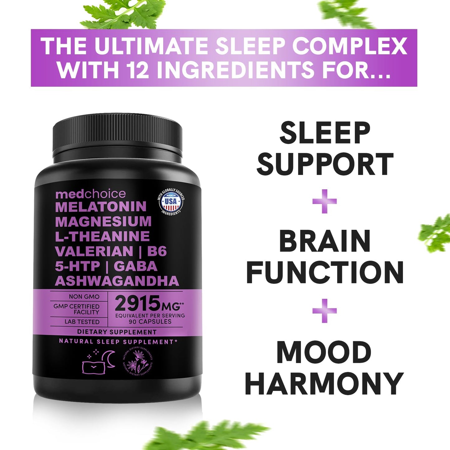 12-in-1 Melatonin Capsules - Melatonin 5mg Natural Sleep Aids for Adults - Magnesium Glycinate 500mg, Ashwagandha, L Theanine, Valerian Root, GABA, 5-HTP, Sleep Supplement for Adults, Pack of 1