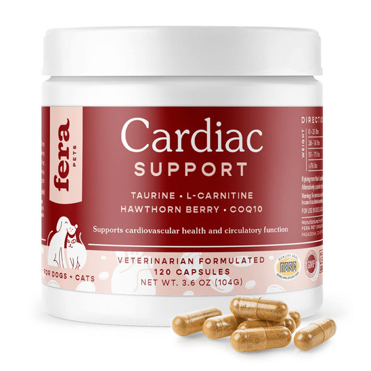 Fera Pets Cardiac Supplement for Dogs & Cats – 120 Capsules - Vet Created -Cardiovascular Function & Strength-Taurine, CoQ10, Organic Hawthorne Berry