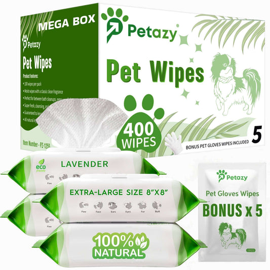 Petazy 400 Dog Wipes for Paws and Butt Ears Eyes | Organic Pet Wipes for Dogs | Lavender Scented Dog Wipes Cleaning Deodorizing | Extra Thick Paw Wipes for Dogs Cats Pets | Bonus Glove Wipes Included