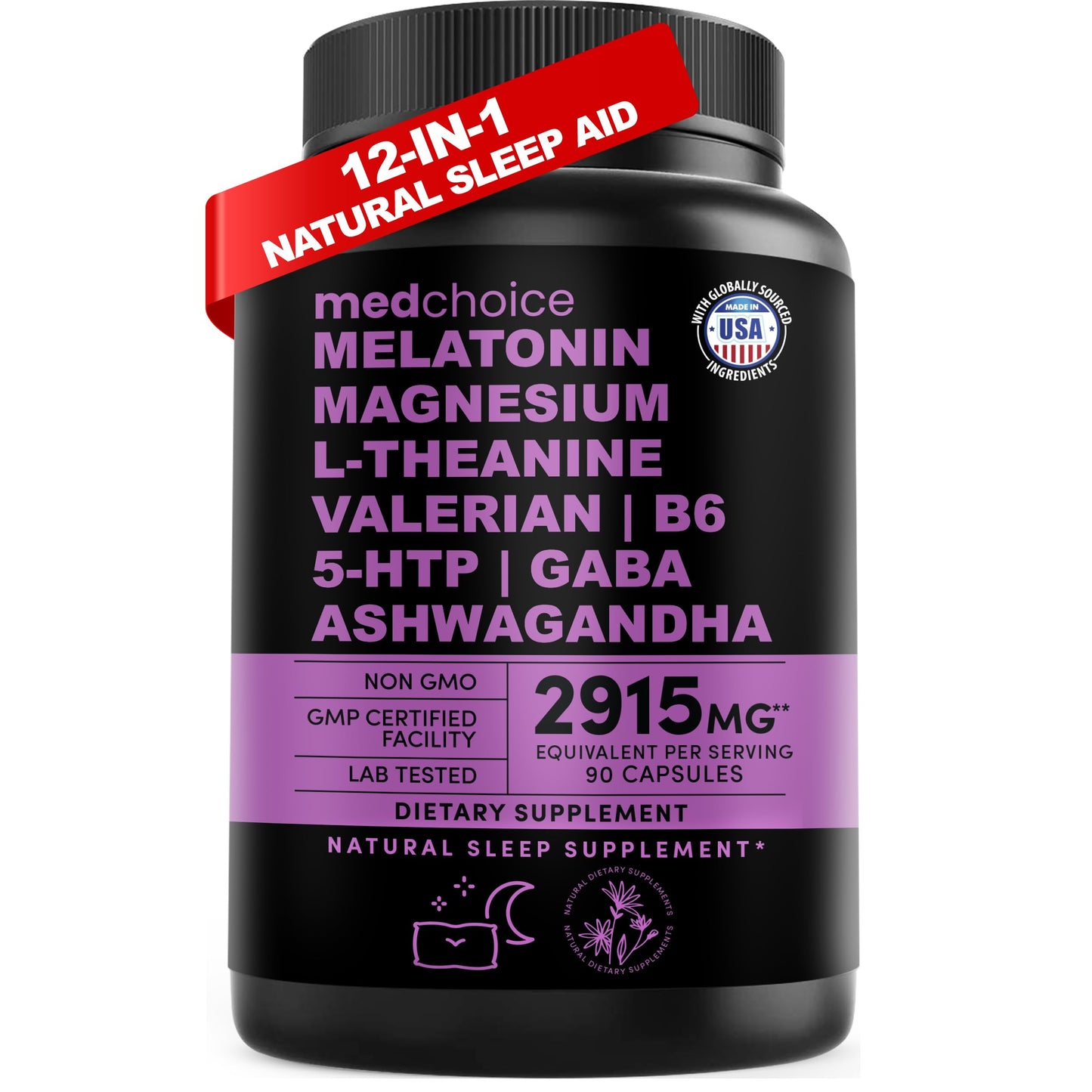 12-in-1 Melatonin Capsules - Melatonin 5mg Natural Sleep Aids for Adults - Magnesium Glycinate 500mg, Ashwagandha, L Theanine, Valerian Root, GABA, 5-HTP, Sleep Supplement for Adults, Pack of 1