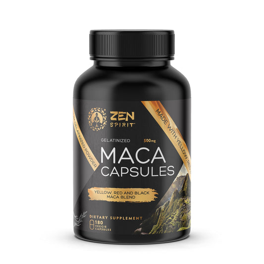 Zen Spirit Maca Root Capsules Gelatinized - Yellow, Red & Black Powder Blend - Organic & Vegan Certified - 180 Pills 500mg - Supplement for Men and Women