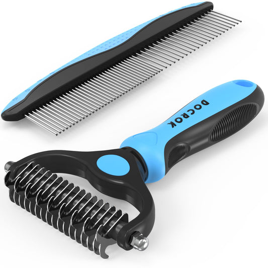 Docrok Pet Grooming Brush and Metal Comb Combo, Cat Brush Dog Brush for Shedding, Undercoat Rake for Dogs Grooming, Dematting Deshedding Brush Dogs Shedding Tool for Long matted Haired Pets, Blue