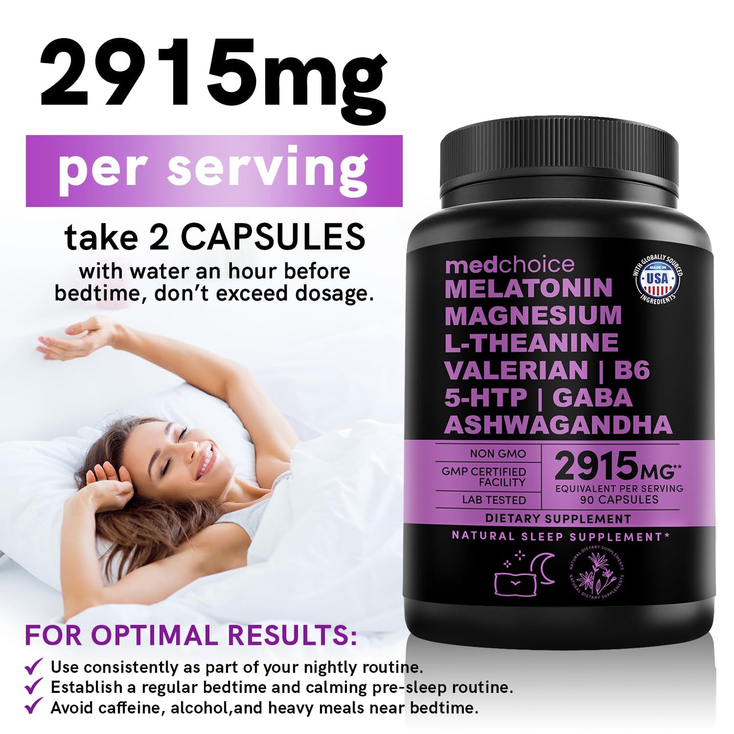 12-in-1 Melatonin Capsules - Melatonin 5mg Natural Sleep Aids for Adults - Magnesium Glycinate 500mg, Ashwagandha, L Theanine, Valerian Root, GABA, 5-HTP, Sleep Supplement for Adults, Pack of 1