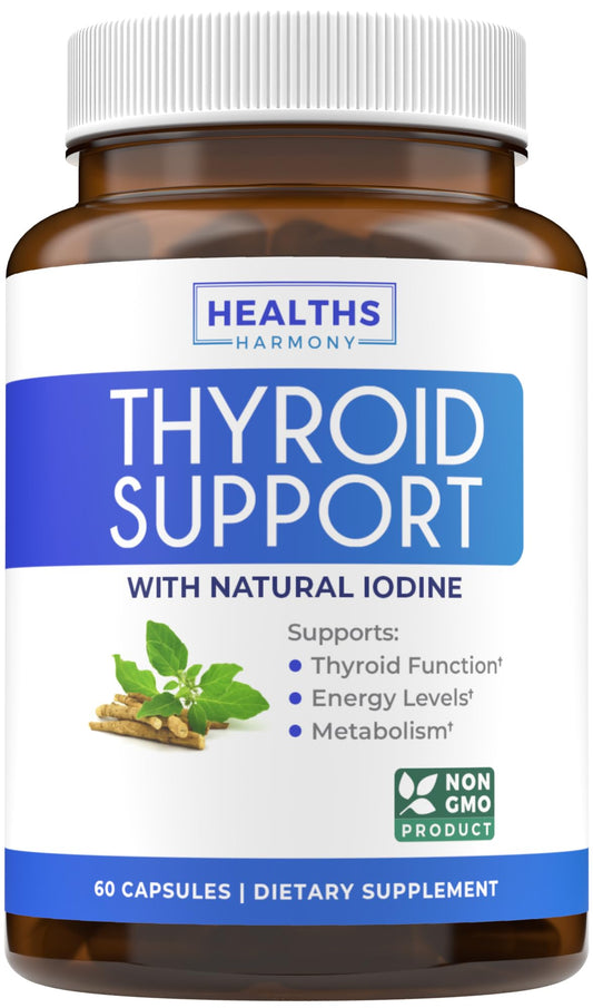 Thyroid Support with Iodine (Non-GMO) Improve Your Energy & Mood - Metabolism Booster for Weight Loss - Thyroid Health Supplement for Women and for Men - Ashwagandha, Zinc, B12 Complex - 60 Capsules