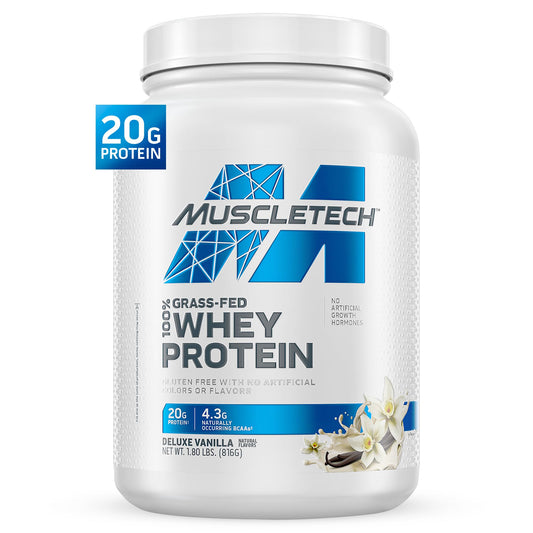 Grass Fed Whey Protein MuscleTech Grass Fed Whey Protein Powder Protein Powder for Muscle Gain Growth Hormone Free, Non-GMO, Gluten Free 20g Protein + 4.3g BCAA Deluxe Vanilla, 1.8 lbs