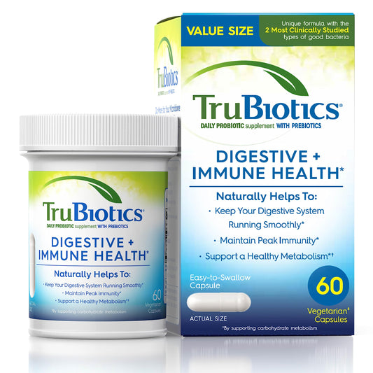 TruBiotics Probiotics for Digestive & Immune Health, Supports Regularity & Helps Relieve Abdominal Discomfort, Gas & Bloating, 2 Clinically Studied Probiotic Strains, Plus Prebiotics, 60 Capsules