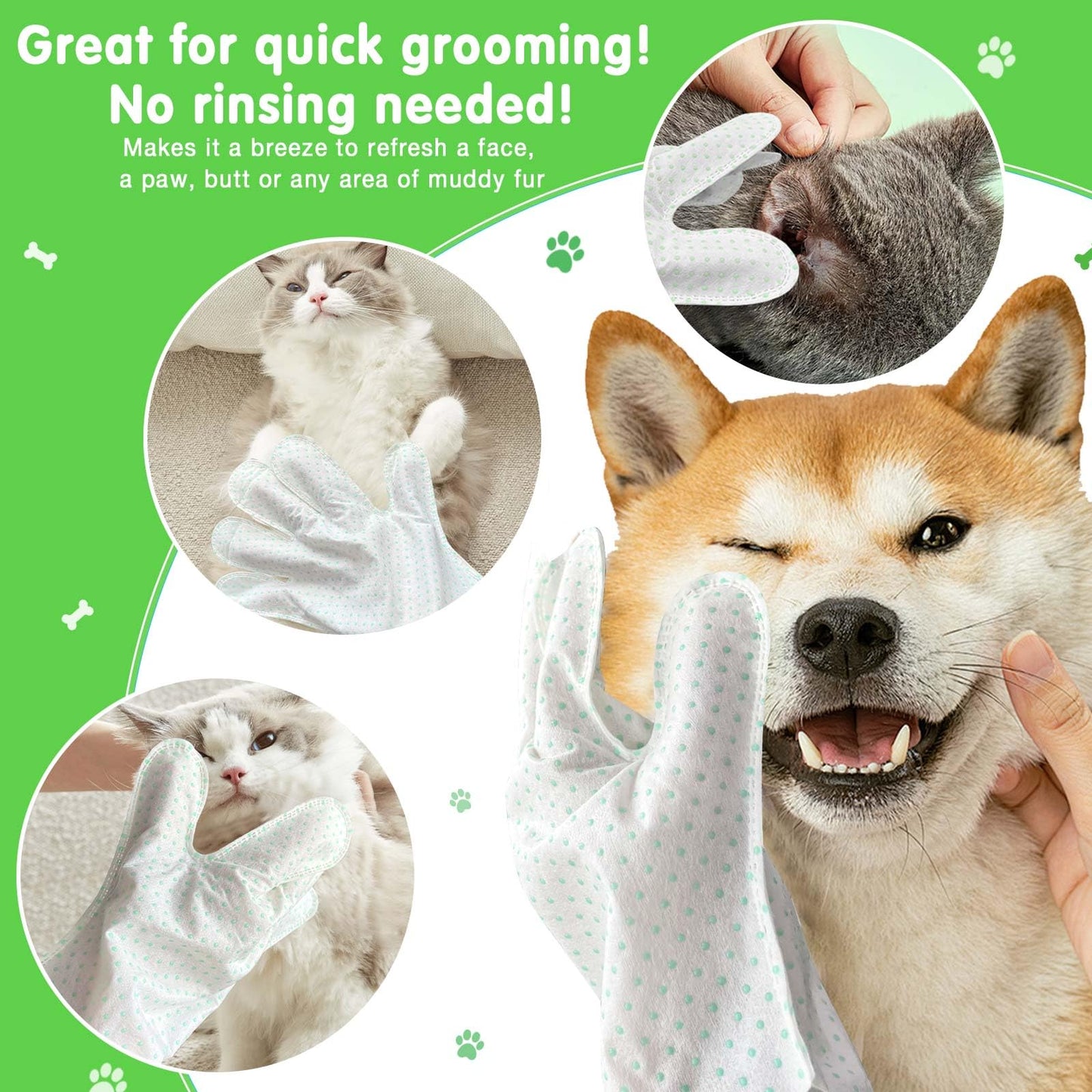 30 Count Dog Wipes Plant Oil Grooming Gloves Enhanced Cleaning Deodorizing Bath Wipes Waterless Cat Shampoo Pets Wipes for Paws, Butt, Face and Fur