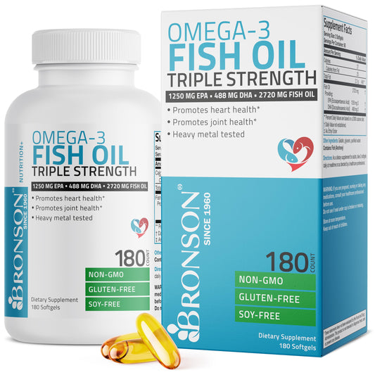 Bronson Omega 3 Fish Oil Triple Strength 2720 mg, High EPA 1250 mg DHA 488 mg, Non-GMO Heavy Metal Tested, 180 Softgels